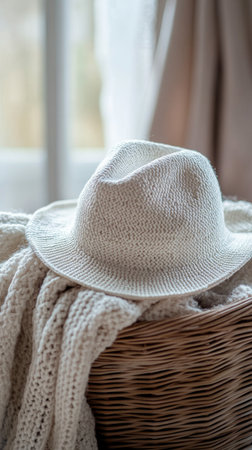 Soft sunlight streams through a rustic window, illuminating a straw hat resting in a woven basket alongside fresh green leaves. The serene atmosphere evokes a sense of calm.の素材