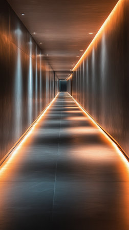 A long hallway features sleek wooden walls with warm lighting, creating an inviting atmosphere. The design highlights depth and perspective towards a distant end.の素材