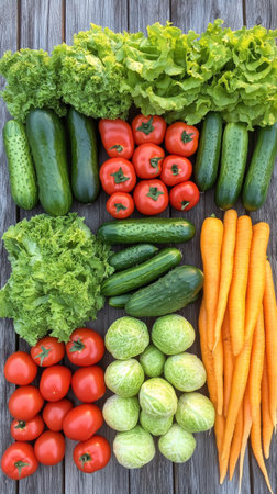 A variety of fresh vegetables are artistically arranged on a wooden surface, showing vibrant colors. Cucumbers, bell peppers, and lettuce create an appealing visual delight.の素材