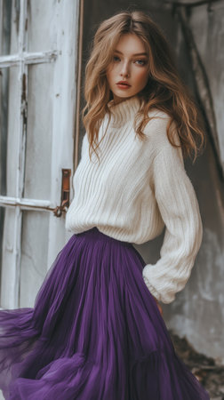 A woman stands elegantly, wearing a soft white sweater and a bold purple skirt. Natural light filters through, creating an artistic shadow play on her attire.の素材