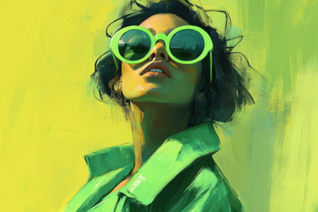 A fashionable woman showcases a bright green jacket and oversized sunglasses while expressing confidence in front of a textured backdrop. The colors and style evoke a modern aesthetic.の素材