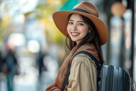 A cheerful woman with long hair carries a bright red suitcase while walking through a bustling market. Colorful shops and tropical plants surround her, emphasizing a lively atmosphere.の素材