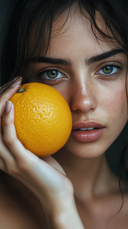 A woman with striking green eyes poses while holding an orange beside her face. The soft lighting accentuates her natural beauty and highlights the texture of the fruit.の素材