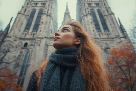 A young woman stands in front of a grand cathedral, admiring its intricate architecture. Her long hair flows gently, and autumn leaves surround her on the ground.の素材