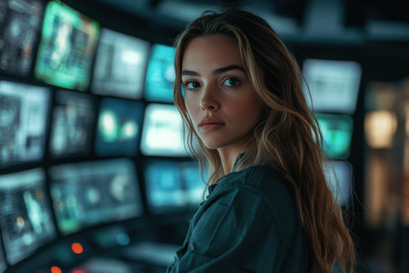 A young woman with long hair observes multiple screens displaying complex digital data in a modern control room during the evening.の素材