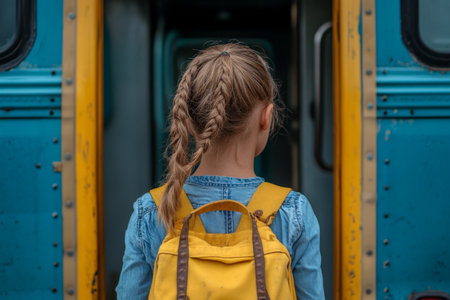 A young girl with braided hair approaches a train, her yellow backpack resting on her back. Bright blue and yellow colors of the train pop against the urban setting.の素材