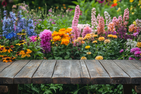 A rustic wooden table stands in front of a vibrant flower garden filled with colorful blooms in various stages of growth under bright sunlight.の素材