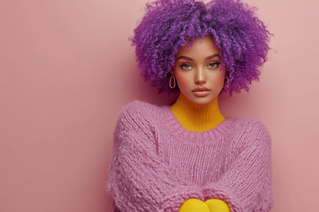 A young woman with vibrant purple hair is seated against a textured concrete wall. She wears a cozy pink sweater and bright yellow pants, exuding a stylish and cheerful vibe.の素材