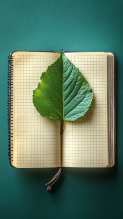 A green leaf is placed on an opened notebook with grid lines. The backdrop is a solid teal color, creating a serene and focused atmosphere for writing or drawing.の素材