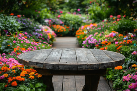 A rustic wooden table stands in front of a vibrant flower garden filled with colorful blooms in various stages of growth under bright sunlight.の素材