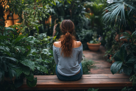 A woman sits peacefully on a wooden bench, gazing at the vibrant foliage of a tropical indoor garden filled with various plants.の素材