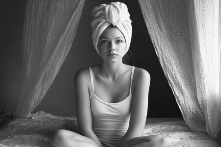 A woman sits on a bed wrapped in a towel, her back to the viewer. Soft light illuminates the serene space, creating a calm and intimate atmosphere.の素材