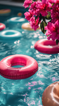 Colorful floats drift in sparkling blue water at a pool, accented by blooming flowers nearby, creating a cheerful summer atmosphere perfect for relaxation and fun.の素材