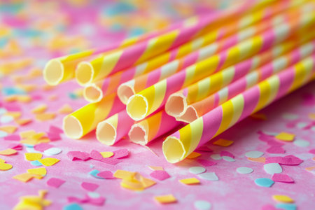 Colorful striped straws lie on a pink surface surrounded by vibrant confetti, creating a festive atmosphere perfect for parties or special occasions.の素材