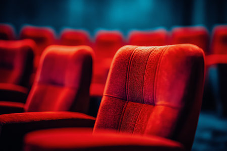Rows of red theater seats with numbers display an empty auditorium, awaiting the arrival of guests for an exciting live performance. The stage light hints at the upcoming show.の素材