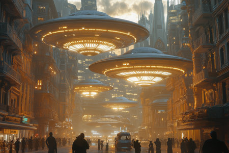 Flying saucers illuminate the skyline of a futuristic city as crowds gather in awe. The scene captures a blend of advanced technology and urban life during twilight.の素材