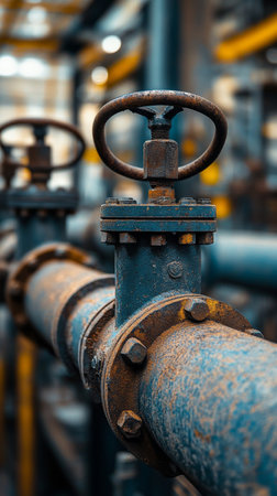 A detailed view of a pressure gauge mounted on a metallic pipe within a complex industrial piping system in a manufacturing facility, showing casing precision machinery.の素材