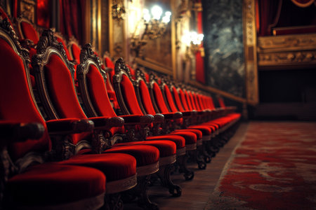 Rows of red theater seats with numbers display an empty auditorium, awaiting the arrival of guests for an exciting live performance. The stage light hints at the upcoming show.の素材