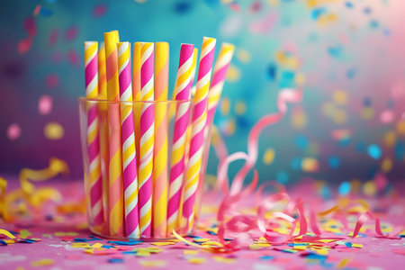 Colorful striped straws lie on a pink surface surrounded by vibrant confetti, creating a festive atmosphere perfect for parties or special occasions.の素材