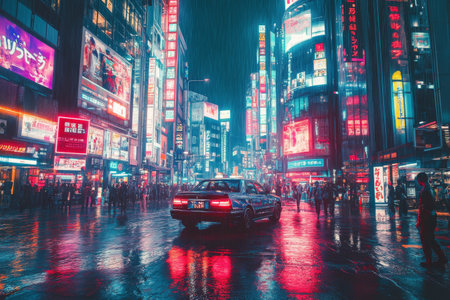 Vibrant city streets alive with neon signs and towering skyscrapers. A sleek yellow vehicle contrasts against the wet pavement as hovercraft zip overhead in a bustling cyberpunk world.の素材
