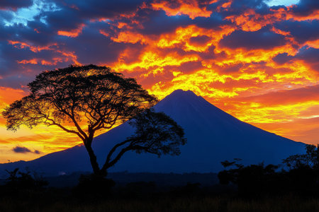 A vibrant sunset illuminates the sky with fiery colors behind a prominent volcano, creating a breathtaking backdrop for a lone tree standing in the foreground.の素材
