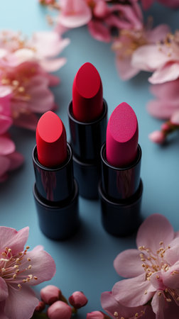 Three stylish lipsticks in vibrant shades stand among delicate cherry blossoms, capturing the essence of spring and beauty. The soft colors enhance the elegant display.の素材
