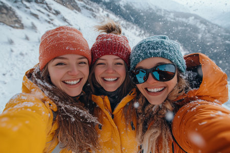 Three friends smile happily while taking a selfie in a snowy landscape. They are bundled up in warm winter clothing, surrounded by falling snowflakes and pine trees.の素材