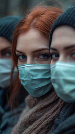 Two young women wear blue masks and warm clothing while posing closely together outdoors in a winter landscape during late afternoon light, showcasing friendship and safety.の素材