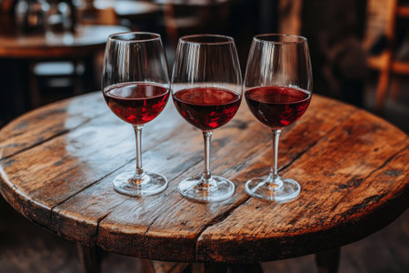 Three beautifully arranged red wine glasses reflect warm light against a rich background. The atmosphere suggests a cozy evening gathering or celebration with friends.の素材