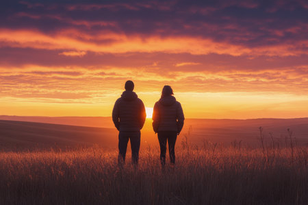 Two friends stand side by side in a grassy field, watching a vibrant sunset fill the sky with hues of orange and purple, creating a serene atmosphere.の素材