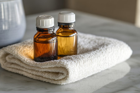 Two glass bottles of essential oils rest on a white towel, showing rich colors and intricate designs. This setting promotes a calming atmosphere for wellness routines.の素材