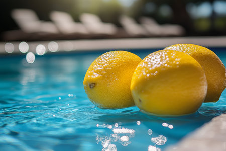 Three vibrant, fresh lemons are placed neatly on a light-colored surface next to a sparkling blue pool, catching the sunlight and adding a refreshing vibe to the setting.の素材