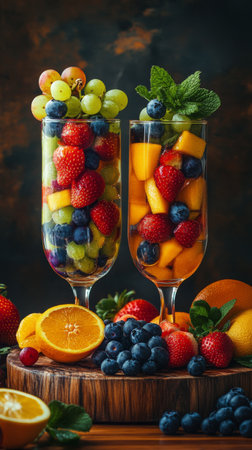 Two clear glasses filled with a colorful fruit salad featuring strawberries, blueberries, melon, and grapes, placed on a wooden board surrounded by additional fruits.の素材