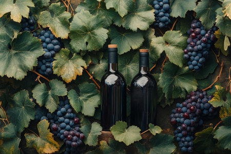 Two bottles of wine rest among colorful grapes and lush green leaves, evoking a sense of vineyard charm and a fresh harvest ambiance during midday.の素材