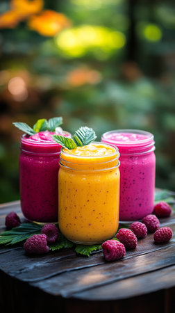 Three vibrant berry smoothies sit on a wooden table, each topped with banana slices and fresh raspberries. Sunlight enhances the colorful presentation.の素材
