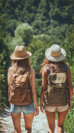 Two friends with backpacks explore a vibrant green forest, wearing hats to shield themselves from bright sunlight during their outdoor adventure.の素材
