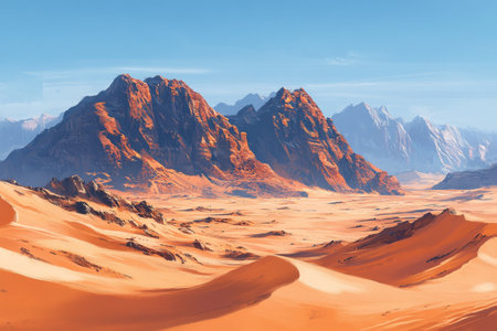 Expansive golden sand dunes stretch across the landscape, flanked by towering mountains under a bright blue sky. The terrain offers a serene and remote atmosphere at midday.の素材