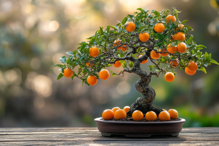 A carefully cultivated bonsai tree adorned with bright orange fruits stands elegantly on a wooden surface.の素材