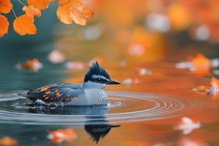 A black duck swims gently on a calm lake, reflecting vibrant autumn leaves in shades of orange and red. The warm sunlight enhances the serene atmosphere during sunset.の素材