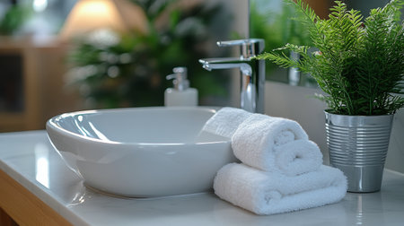 A sleek bathroom sink showcases shiny fixtures alongside fluffy white towels stacked neatly. Potted green plants add a touch of nature to the contemporary space, promoting relaxation.の素材