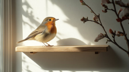 A small robin stands on a wooden shelf, bathed in gentle morning light filtering through a nearby window. Soft shadows play on the wall, enhancing the serene atmosphere.の素材