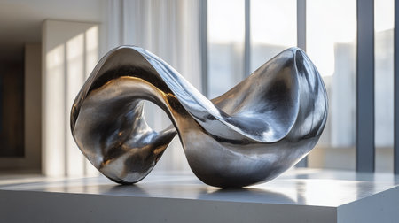 A contemporary metal sculpture featuring smooth, flowing curves sits prominently on a white pedestal. Natural light floods the minimalist gallery, enhancing its artistic beauty.の素材