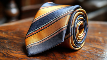 A black and red striped tie is neatly rolled on a wooden surface, showing its texture and colors against a backdrop of vintage items, creating an elegant atmosphere.の素材