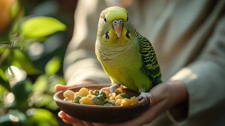 A vibrant green budgie sits near a sunlit window, its feathers glowing in the warm light. Small plants surround it, creating a serene atmosphere in the late afternoon.の素材