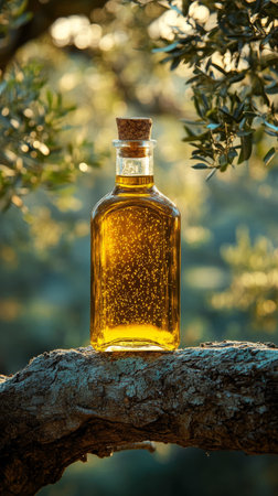 A glass bottle of olive oil stands on a tree branch, illuminated by warm sunlight filtering through olive leaves during golden hour, creating a serene atmosphere.の素材
