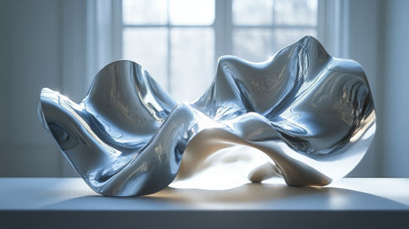 A contemporary metal sculpture featuring smooth, flowing curves sits prominently on a white pedestal. Natural light floods the minimalist gallery, enhancing its artistic beauty.の素材