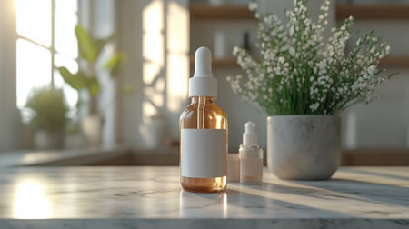A beautifully arranged display of handmade skincare products on a marble counter, illuminated by warm evening light, creating a serene and inviting atmosphere.の素材