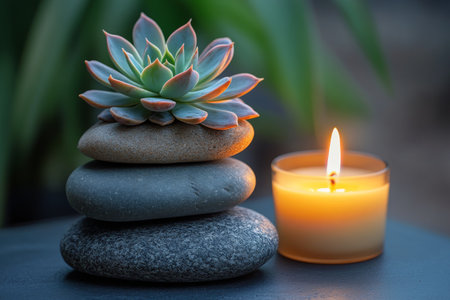 Smooth stones stacked harmoniously with a succulent on top and a flickering candle beside them, creating a calming atmosphere perfect for relaxation.の素材