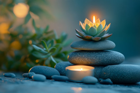 Smooth stones stacked harmoniously with a succulent on top and a flickering candle beside them, creating a calming atmosphere perfect for relaxation.の素材