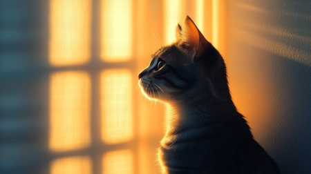 A black cat sits quietly on a windowsill, looking out into the morning light that streams through a nearby window, creating a serene atmosphere.の素材